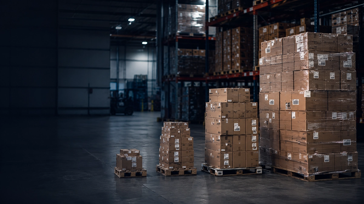 Pallets con cajas en distintos volúmenes dentro de una bodega, representación del costo creciente del nivel de servicio