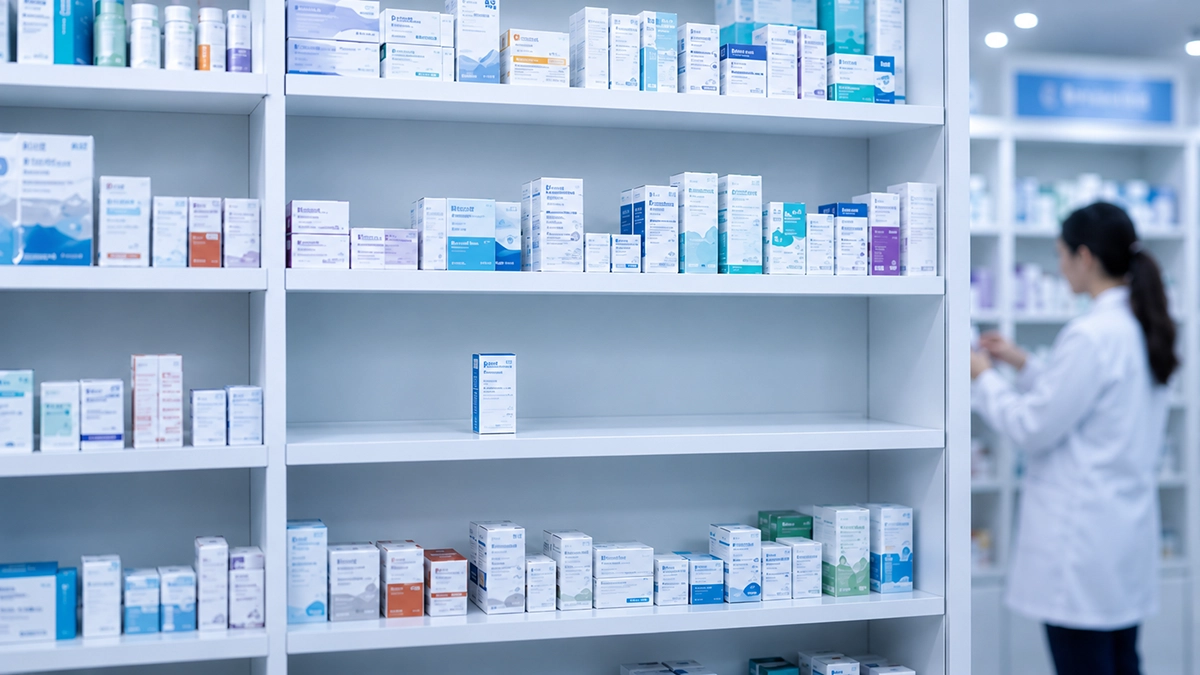 Anaqueles de una farmacia con producto distribuido de forma desigual y una profesional revisando el inventario
