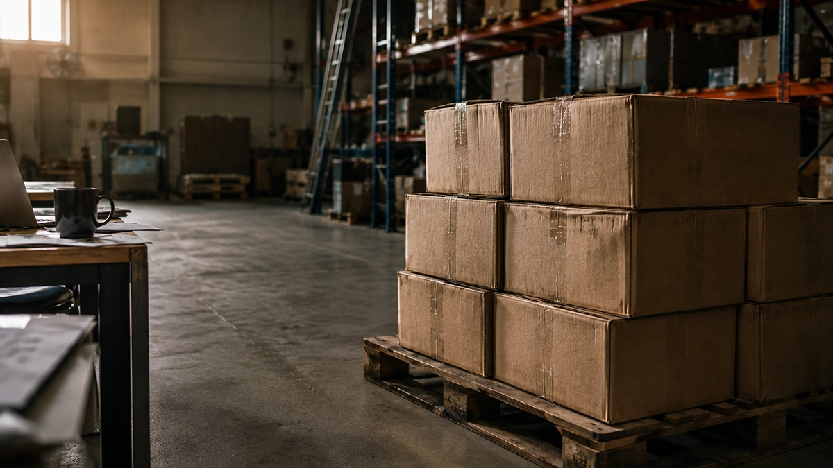 Cajas de inventario apiladas en una bodega junto a un área de trabajo